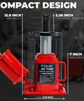 Beefy Twenty Ton Portable Hydraulic Bottle Jack With Air Operated Pneumatic Lift showing dimensions and compact design