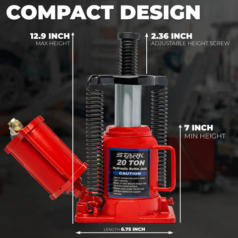 Beefy Twenty Ton Portable Hydraulic Bottle Jack With Air Operated Pneumatic Lift showing dimensions and compact design