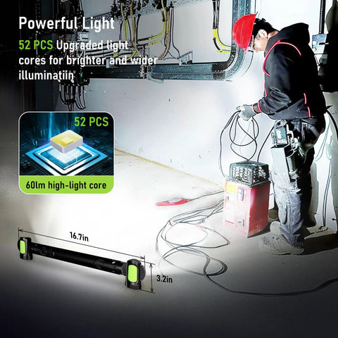 Rechargeable Magnetic 3200LM LED Work Light with COB Panel 5400mAh battery shown in use during construction work indoors.