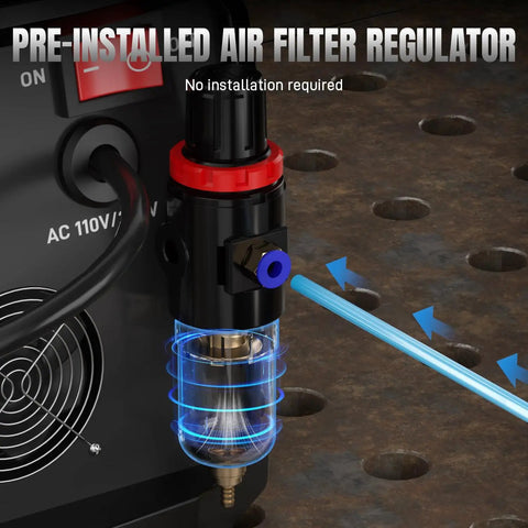 Non-Touch Pilot Arc Plasma Cutter 50A For DIYers showing pre-installed air filter regulator, 110/220V power supply.