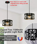 Modern pendant light with black metal cage, featuring two 1500mAh rechargeable bulbs and magnetic detachment in bright room setting.