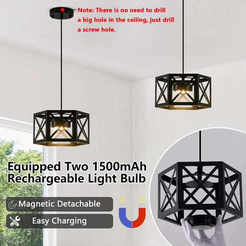 Modern pendant light with black metal cage, featuring two 1500mAh rechargeable bulbs and magnetic detachment in bright room setting.
