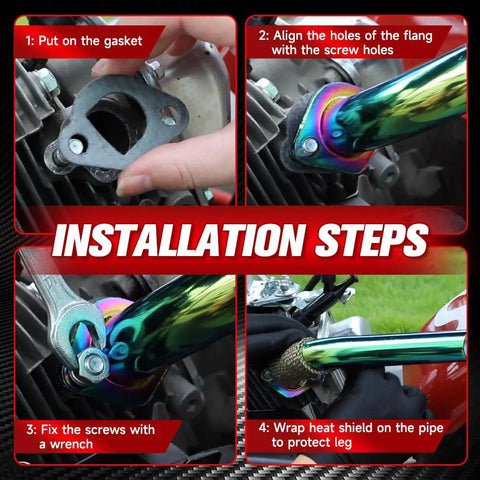 Installation steps for Exhaust Pipe Kit For Predator 212cc And 196cc OHV Clones, showing gasket, flange alignment, and heat shield