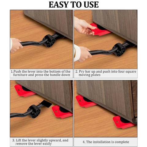 Image showing step-by-step use of Heavy Duty Furniture Movers With Wheels And Lifter Kit to reposition furniture easily.