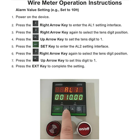 Game Changer Digital Length Counter With Grip Tight Measuring Wheel For Wire Cable And Fabric Tracking Smooth Rolling Sensor Wheel Electronic Roll Yardage Ruler That Just Runs Smooth Day And Night wire meter operation instructions display with illuminated screen and buttons.