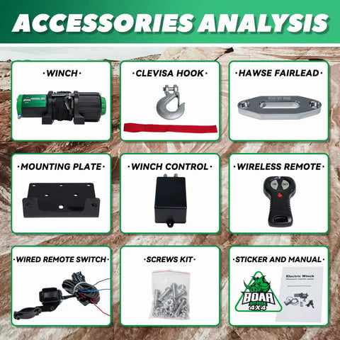 Heavy Duty 4500 Lb Electric Winch For ATV UTV Jeep With 12V Motor Synthetic Rope IP67 Waterproof Hawse Fairlead Wireless Remote And Wired Control Beast Mode Ready For Any Trail accessories analysis including clevis hook, hawse fairlead, mounting plate, winch control, wireless remote, wired remote switch, screws kit, and sticker manual