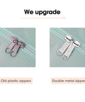 Comparison of Spirit Airlines Compatible Foldable Travel Duffel Bag zippers, showing upgrade from old plastic to double metal zippers.