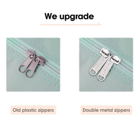 Comparison of Spirit Airlines Compatible Foldable Travel Duffel Bag zippers, showing upgrade from old plastic to double metal zippers.
