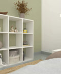 DIY Cube Organizer Shelf With Nine Cubes For Bedroom Living Room And Home Office In White Made In USA easy to assemble in bedroom setting