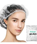 Woman wearing Beefy Thick Clear Disposable Shower Caps 30 Pack For Women 17.3 Inch Waterproof Hair Caps, Hotel Travel Essentials, No Tear Durable Plastic Wraps, Hair Shield For Spa Or Home next to packaged caps.