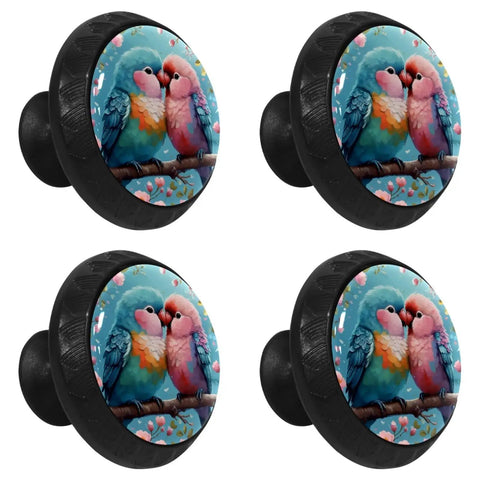 Top Shelf 4 Pack Cute Bird Cabinet Knobs And Drawer Pulls Featuring Slick Crystal Glass Finish And Hella Sturdy Rust Proof Hardware For Kitchen Cupboards Dressers And Wardrobes That Truly Vibe With Your Space - four colorful bird knobs on black base.
