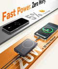 Heavy Duty Compact Magnetic Portable Charger And Serious 10000mAh Fast MagSafe Battery Pack charging a smartphone with 20W power.