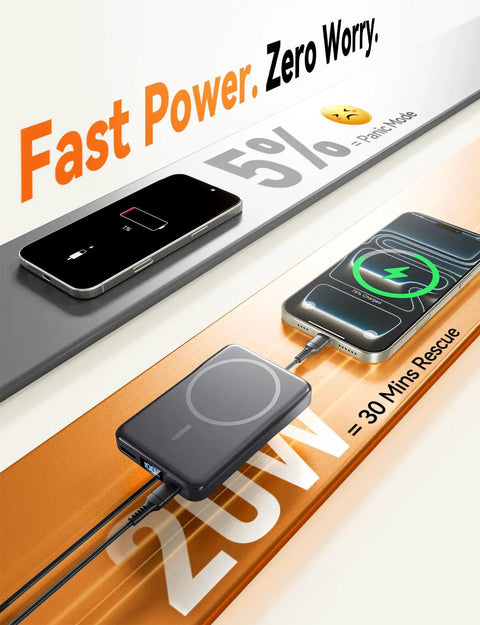 Heavy Duty Compact Magnetic Portable Charger And Serious 10000mAh Fast MagSafe Battery Pack charging a smartphone with 20W power.