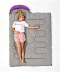 Three Season Sleeping Bag For All Weather Kids Teens And Adults Waterproof Lightweight Indoor Outdoor Gear For Camping Hiking Backpacking And Survival Purple with woman lying inside