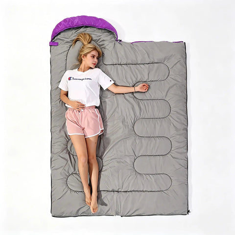 Three Season Sleeping Bag For All Weather Kids Teens And Adults Waterproof Lightweight Indoor Outdoor Gear For Camping Hiking Backpacking And Survival Purple with woman lying inside