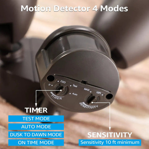 Close-up of control dials on Bronze Dual Head Motion Sensor Flood Light, 1400lm Outdoor Security Light, Dusk To Dawn, IP65.