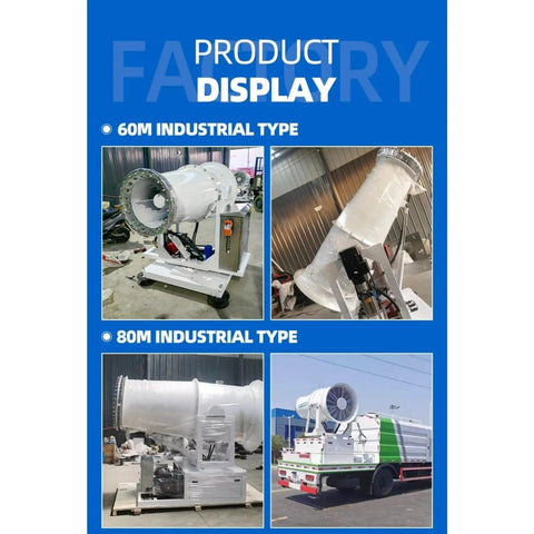 Get The Dust Under Control With This Heavy Duty Mobile Fog Cannon Sprayer. 60m and 80m industrial types displayed in clear view.