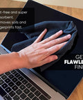 Front view of a gray microfiber lens cleaning cloth wiping a laptop screen (8x8 inches)