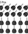 20 Pack M3 X 12mm Knurled Thumb Screws Clamping Knobs With 14mm Round Plastic Heads, black hand knobs arranged in rows