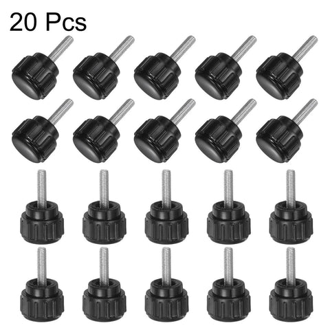 20 Pack M3 X 12mm Knurled Thumb Screws Clamping Knobs With 14mm Round Plastic Heads, black hand knobs arranged in rows