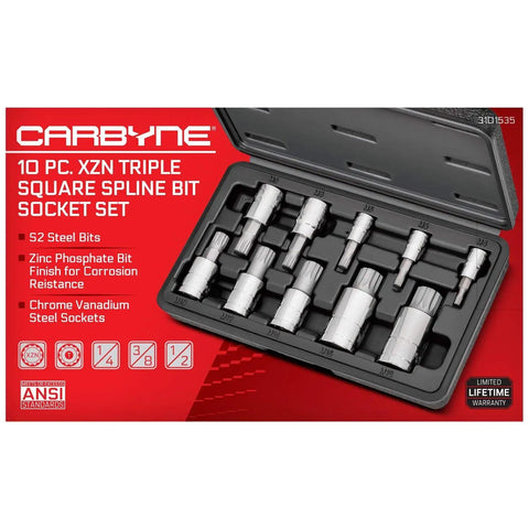Pro Grade 10 Piece XZN Triple Square Socket Set M4 To M18 In S2 CrV Steel in open storage case on red background.