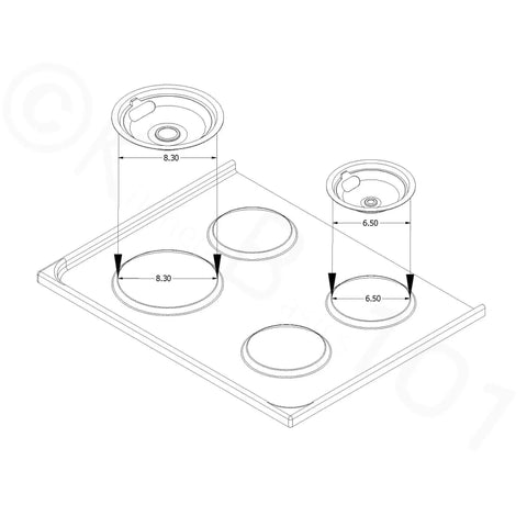 Diagram of Replacement Chrome Drip Pans Set for Electric Ranges Includes 8 Inch and 3 Six Inch Pans In a 4 Pack Made In The USA