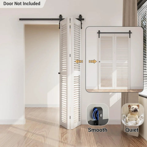 Heavy Duty Bi-Fold Barn Door Hardware Kit for Double Doors, 4 Ft 48 Inch Sliding Track System, shown in interior setting