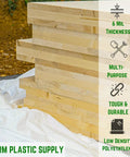 Stack of wood planks on Heavy Duty Pro Grade White Construction Plastic Sheeting 6 Mil Thick Tarp For Dust Containment And Drop Cloth Vapor Barrier 20 Foot By 100 Foot Great For Painting And Home Renovations