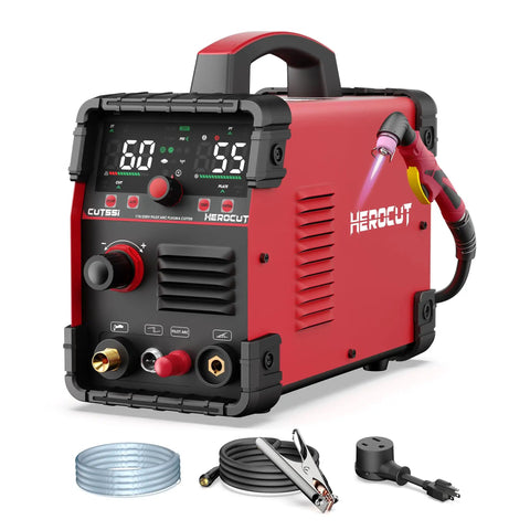 Red 55 Amp Plasma Cutter CUT55i Dual Voltage 110V 220V IGBT Inverter with screen display and accessories