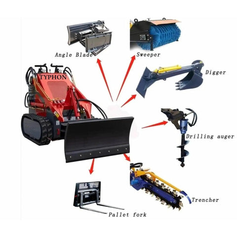 Mini Skid Steer Loader 1800 Lb Capacity, 23HP Gas EPA Engine with attachments for construction and landscaping projects.