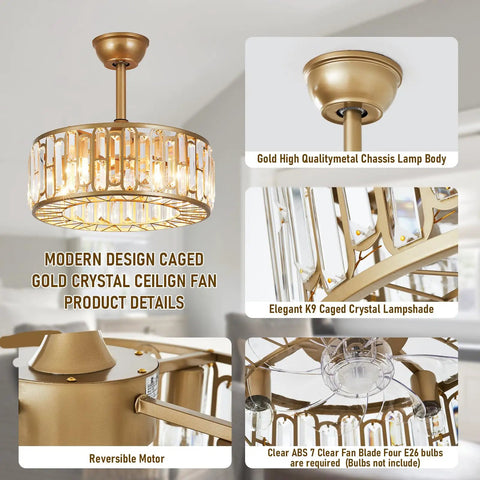 Modern Gold Crystal Caged Ceiling Fan with Light Remote Control, showcasing 18-inch fandelier chandelier with reversible motor and details.