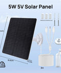 5W Solar Panel Charger For Ring Cameras And Wyze Outdoor Cam V1 V2 With USB C And Barrel Plug Nine Point Eight Foot Cable Fast Charging No Fuss Works With Ring Stick Up Cam Gen 2 3 And Spotlight Cam Plus Pro Battery Solar Not For First Gen Stick Up showing panel, cables, and mounting kit