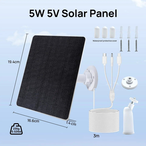5W Solar Panel Charger For Ring Cameras And Wyze Outdoor Cam V1 V2 With USB C And Barrel Plug Nine Point Eight Foot Cable Fast Charging No Fuss Works With Ring Stick Up Cam Gen 2 3 And Spotlight Cam Plus Pro Battery Solar Not For First Gen Stick Up showing panel, cables, and mounting kit