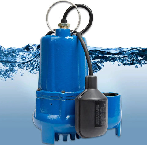 Automatic Cast Iron Sump Pump 115V One Half HP 4300 GPH With Tethered Switch in blue finish against water backdrop