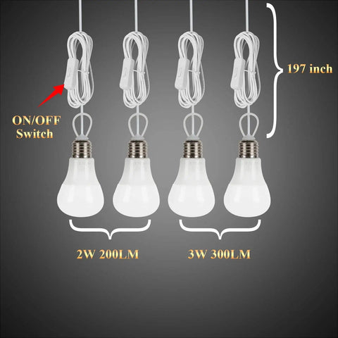All In One Indoor Solar Lights Kit with four LED bulbs and on/off switch, 197-inch cords visible