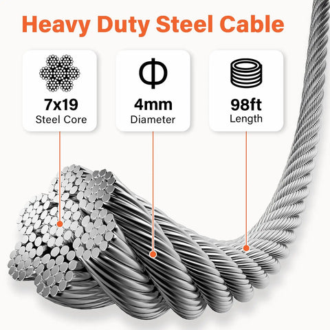 Close-up of steel cable details for Rugged Pro Grade Confined Space Tripod Kit with 98 ft length and 7x19 steel core.