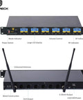 Front and back views of the MX66 6 Channel UHF Wireless Microphone System with antennas, XLR outputs, and LCD display.