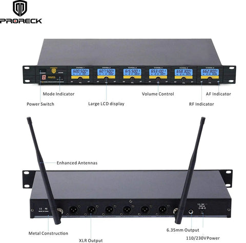 Front and back views of the MX66 6 Channel UHF Wireless Microphone System with antennas, XLR outputs, and LCD display.