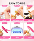 Update Nail Stand Set For Press Ons With Two Spotted Cloud Magnetic Bases displaying usage steps for nail art practice.