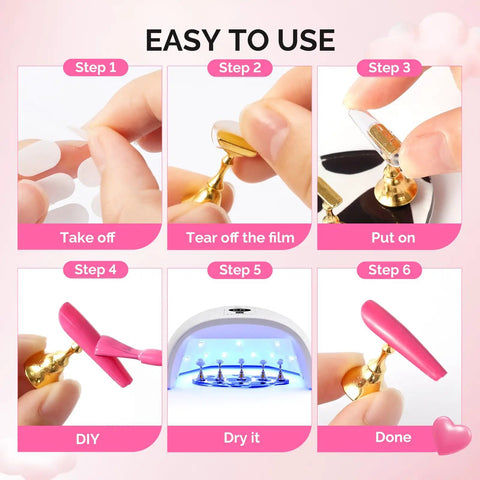 Update Nail Stand Set For Press Ons With Two Spotted Cloud Magnetic Bases displaying usage steps for nail art practice.