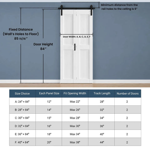 H Shape Bifold Barn Door 36 By 84 Inches Equipped With Heavy Duty Track Kit dimensions layout for closets, pantries, and bedrooms.