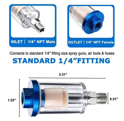 Moisture Separator Filter For Air Compressors Clear Glass With Blue Aluminum Cap One Quarter Inch NPT Connection Two Pack