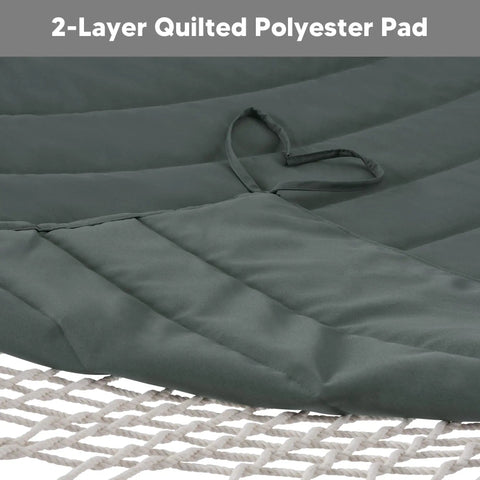 Close-up of 2-layer quilted polyester pad on Portable Double Rope Hammock With Pad For Two People Garden Backyard Patio Poolside Gray Green.