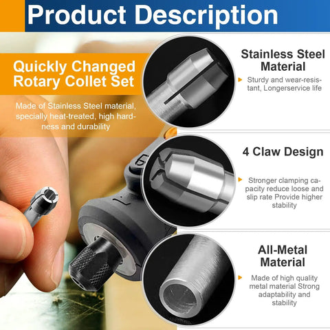 Four Piece Rotary Tool Collet Set With Clamping Nut In Stainless Steel description highlighting features and materials.