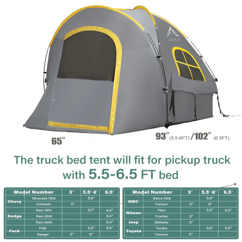 Rugged Pickup Truck Bed Tent For Camping Fits 5.5 To 6.0 Feet Bed Weatherproof 210D Oxford With PU2000 Coating Easy Setup