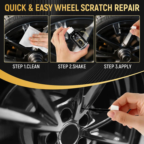 Wheel Touch Up Paint Kit For Black Rims And Scratches 1.5 Fl Oz showing steps to clean, shake, and apply on black alloy wheels.