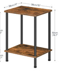Industrial Style End Table for Small Spaces, Rustic Brown Two-Tier Side Table with Stable Frame, dimensions labeled