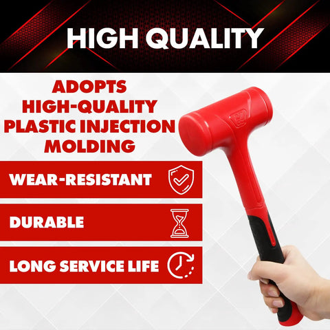 Person holding Two Piece Dead Blow Hammer Set With 16oz And 27oz Ball Pein Mallets, Shockproof No Rebound And Sparks And Rebound Resistant, Unibody Molded Checkered Grip In Red And Black For Auto, Workshop And DIY Projects.