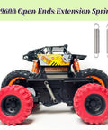 Extension tension springs (stainless steel, dual-hook) shown beside a black RC monster truck with red wheels.