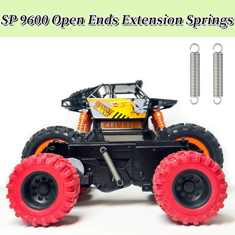 Extension tension springs (stainless steel, dual-hook) shown beside a black RC monster truck with red wheels.